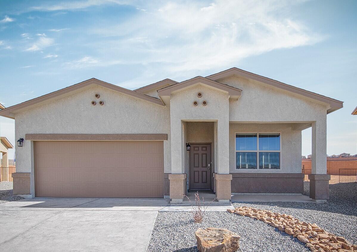 Under construction, 'The Pecos' floorplan at Manzano Vista has large lots and sits up high above the valley with beautiful views and Large homesites. Home will have lots of light with lots of windows and 9 ft ceilings. The kitchen island is about 6 ft long and looks out over the family room. Lots of storage with pantry, coat closet, large utility room AND Lenin closet. Main bedroom has large walk in shower . Covered patio to enjoy the sunsets. Even includes a Smart Home system. Builder assists with closing costs and below market interest rates with in house lender, Come on out to the country with modern homes and city conveniences. Only about 30 minutes to downtown ABQ and 8 minutes from shopping, recreation and restaurants.  (Photos are of current model with similar features)