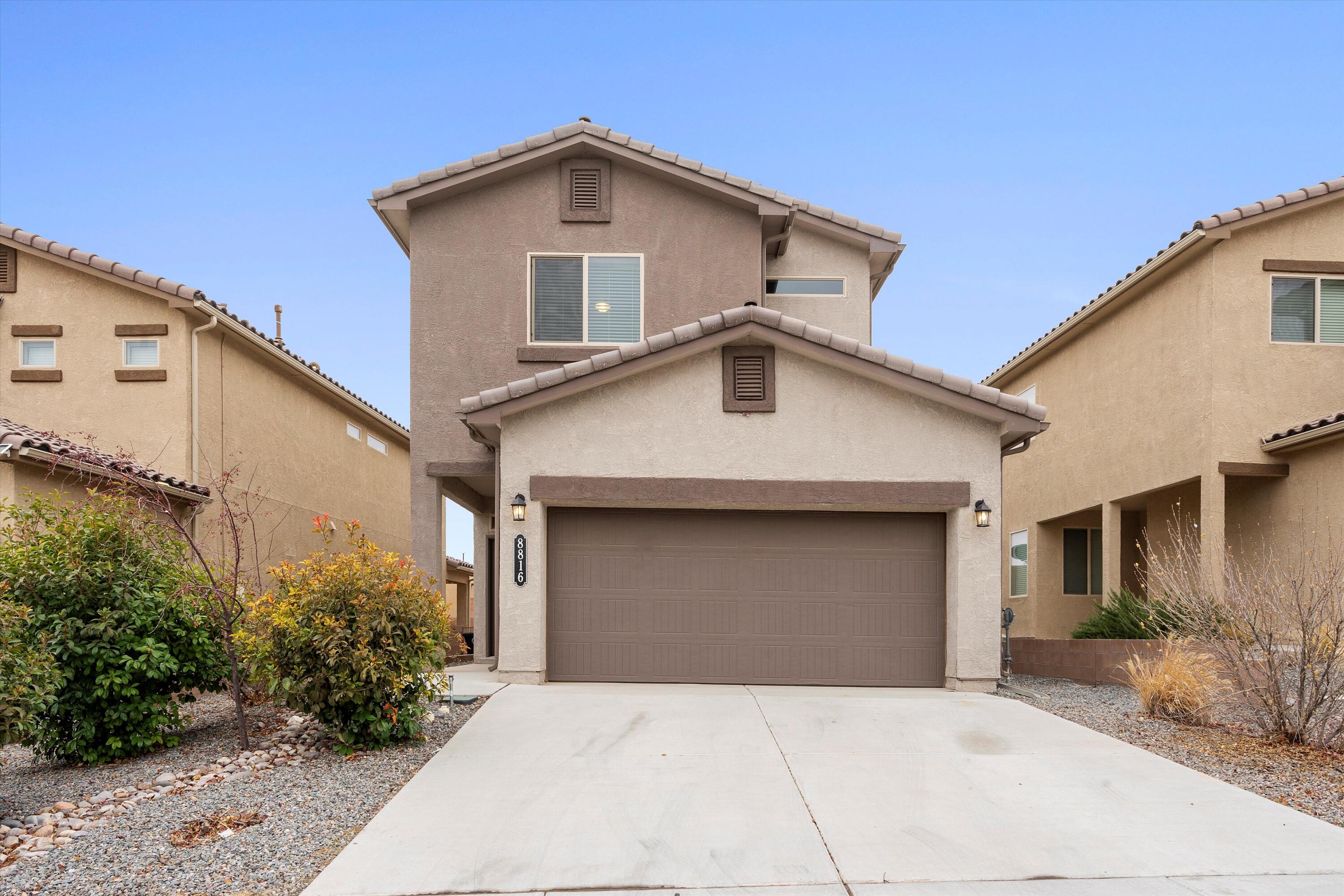 Welcome to 8816 Warm Wind Place NW, Albuquerque, NM 87120!This 3-bedroom, 3-bath gem in the desirable Tierra Oeste subdivision offers 1825 sq. ft. of stylish living. Enjoy an open-concept layout with a chef's kitchen featuring granite countertops, stainless steel appliances, and a large island. The primary suite is a private retreat with a shower, dual vanities, and a walk-in closet.Step outside to the beautifully landscaped backyard with a covered patio and low-maintenance xeriscaping, ideal for entertaining. Located near parks, schools, shopping, and I-40, this home combines modern comfort with convenience.Don't miss out--schedule your tour today!