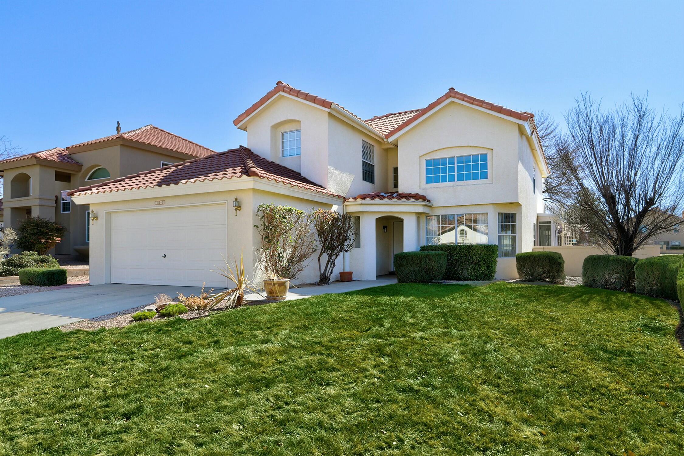 Wonderful updated Nor Este Estate home, with high vaulted ceiling in living room and family room.  Backs to Nor Este Park, perfect for morning walk or walking dogs. Did I mention in a cul-de-sac too. Bright and open floorpan. One bedroom and a full bath in first floor. Extra large balcony off master bedroom to enjoy the view of Sandia sunset and city lights. Recent updates - Quartz kitchen counter, kitchen pendant lighting and recess lighting, new faucets, new paint throughout, new baseboard, newer hot water heater, new microwave. Other updates included radiant floor heat in tiled area, induction cooktop, custom built-in shelves in family room. Short walking distance to La Cueva High School and Desert Ridge Middle School. Oasis backyard with cascade fish pond and seasonal flowers.