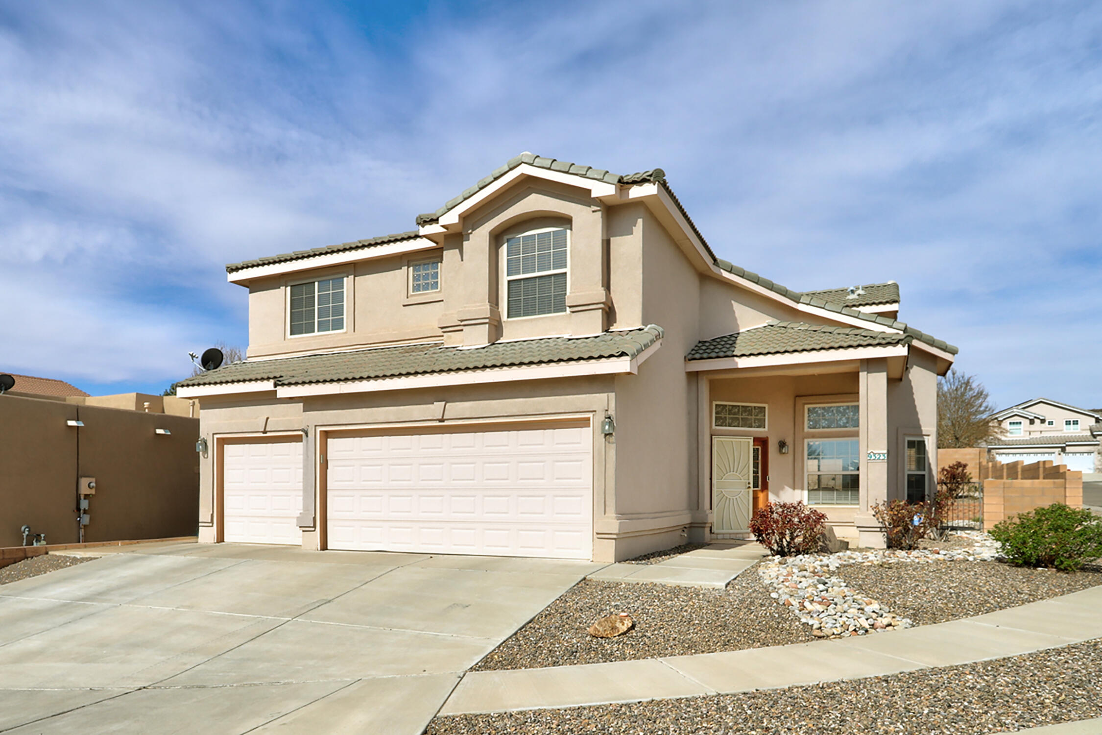 Check out this lovely home in Trails At Las Marcadas! Featuring a practical one-bedroom and a 3/4 bath downstairs, this home is designed to fit a multitude oflifestyles. Head upstairs to find four roomy bedrooms, featuring an oversized primary suite with a sitting area. The formal living and dining areas are perfect for hosting gatherings, while the open kitchen, which includes bar-top seating and granite countertops, is great for casual meals. You'll appreciate the high vaulted ceilings and the easy-care tile and wood laminate floors throughout. The backyard showcases a mix of pavers and concrete, making it a great spot for outdoor fun or relaxation without the hassle of extensive maintenance.