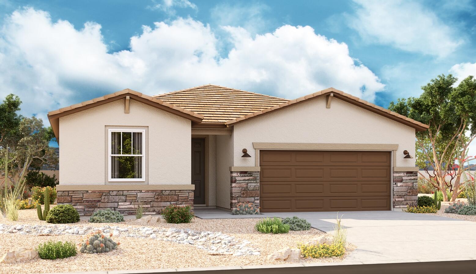 The ranch-style Augusta floor plan boasts ample space for entertaining, including an expansive great room, a dining area and a kitchen with a center island and built-in pantry. Other notable features include a large primary suite with an attached bath and roomy walk-in closet, two guest bedrooms that share a bath, and a laundry. This plan includes Quartz countertops throughout, with a black matte finish on the fixtures. Finished off with an extended patio in the back.