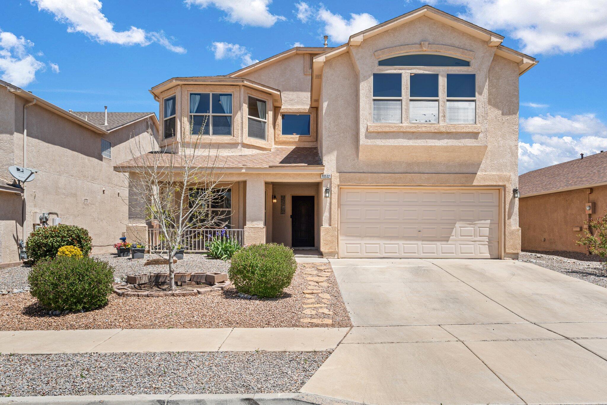 Welcome Home! This gem in the heart of Ventana Ranch West is just what you've been looking for. 4 large Bedrooms, 2 and a half bath, 2 living spaces, 2 car garage, large landscaped backyard, and on a quiet cul-de-sac street. Near a beautiful big park and walking trails. Refrigerated air conditioning! Relax in the jacuzzi tub in the primary bedroom. Roast some smores in the fire pit in the backyard. This home backs up to a walking trail so you get added privacy and beautiful Mesa and Sandia Views. Two separate large living spaces and a peaceful front porch perfect for hummingbird feeders and a cup of coffee.