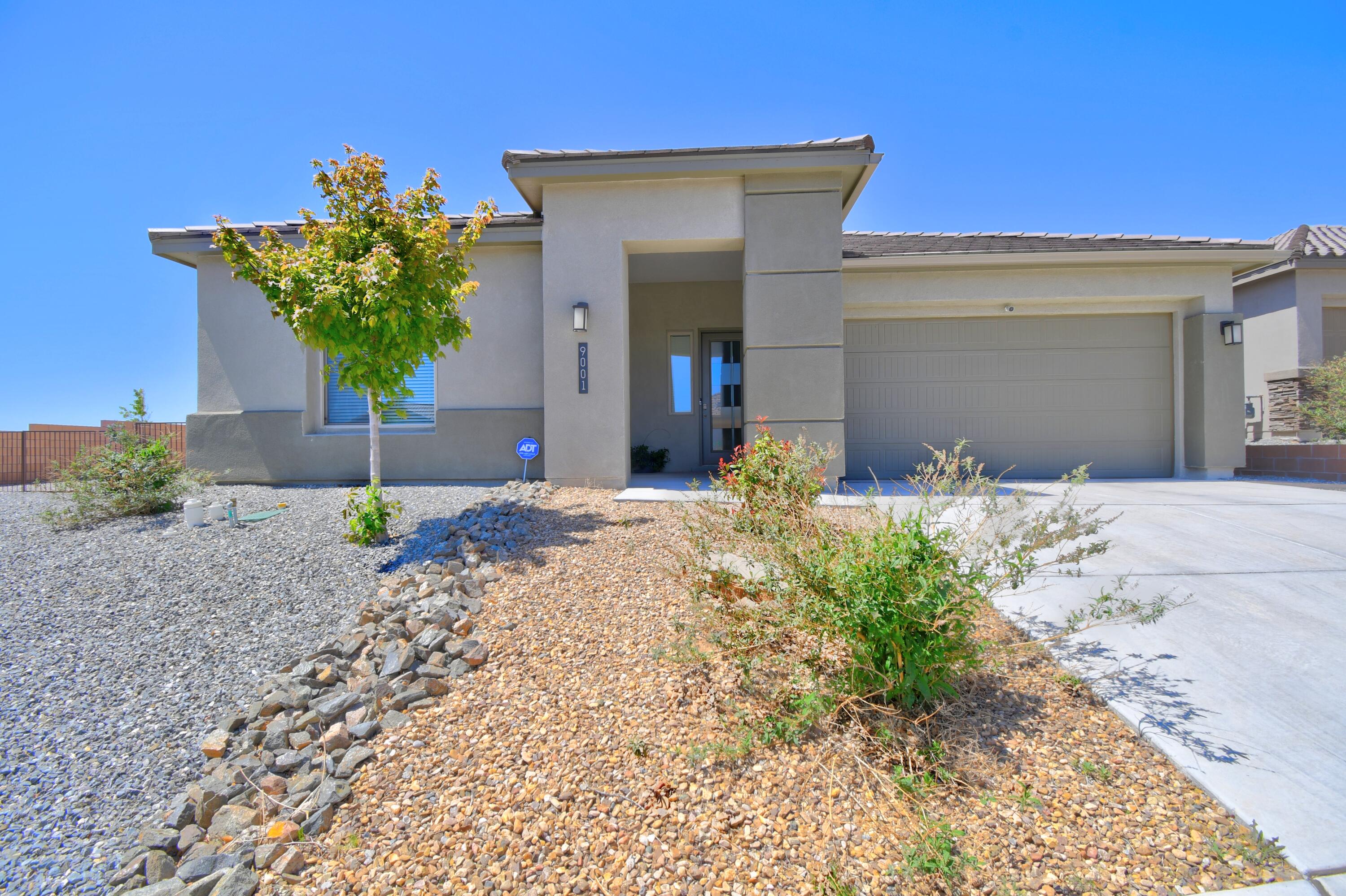 Welcome to this stunning, turn-key, single-story home located on a exceptional corner lot in the desirable Catalonia subdivision. This beautiful residence features an open floor plan filled with abundant natural light. The gourmet kitchen is a true centerpiece, offering quartz countertops, a large kitchen island, stylish backsplash, and stainless steel Whirlpool appliances, perfect for cooking and entertaining! Elegant ceramic tile floors flow throughout the living areas with 9 ft Ceilings, while the spacious primary suite boasts a luxurious Walk-in tile Spa Shower. On demand hot water along with a water softener. The expansive covered patio is equipped with a gas stub outlet that seamlessly blends indoor and outdoor living with a fully landscaped backyard to enjoy those amazing Views!