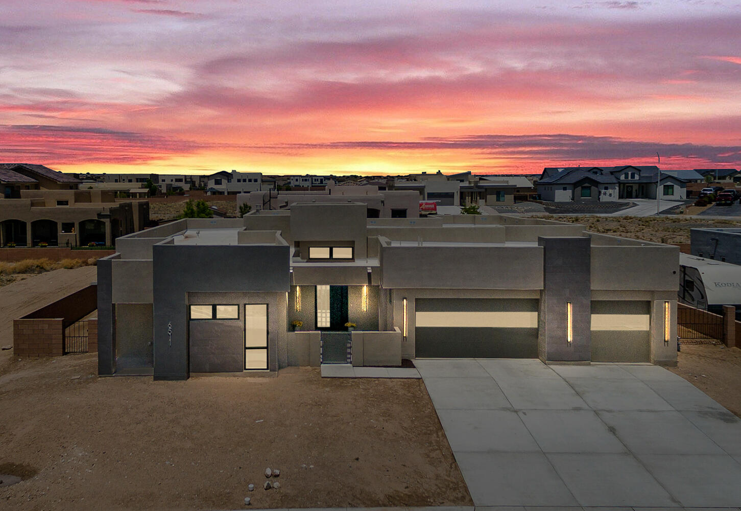 Newly constructed luxury home with all the modern touches you've been looking for.  This beautiful home is full of unique textures and features. Sitting on over &#8531; of an acre this single story property is nestled in beautiful Petroglyph Estates in Volcano Cliffs. The open floor plan is perfect for entertaining, or settling in w/ the family. Huge waterfall island in an incredibly appointed kitchen is a wonderful gathering spot. Viking appliances await your family chef. Elegant glass door pantry for your special wine pairings just off of the dining room. Open living space has accordion glass doors onto the large patio.  Dining & primary bedrooms also have these great portals to outdoor living. En suite bathroom is spa like with gorgeous amenities. Att'd casita w 3/4 bath. Divine ameniti