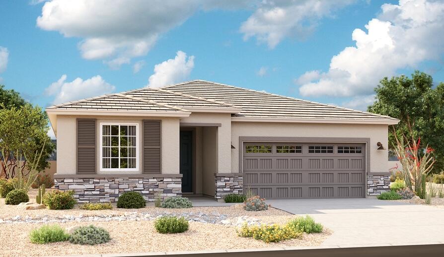 The ranch-style Augusta floor plan boasts ample space for entertaining, including an expansive great room, a dining area and a kitchen with a center island and built-in pantry. Other notable features include a large primary suite with an attached bath and roomy walk-in closet, two guest bedrooms that share a bath, and a laundry. This plan includes center meet doors in the Great Room, patio door off the master bedroom and a gourmet kitchen.