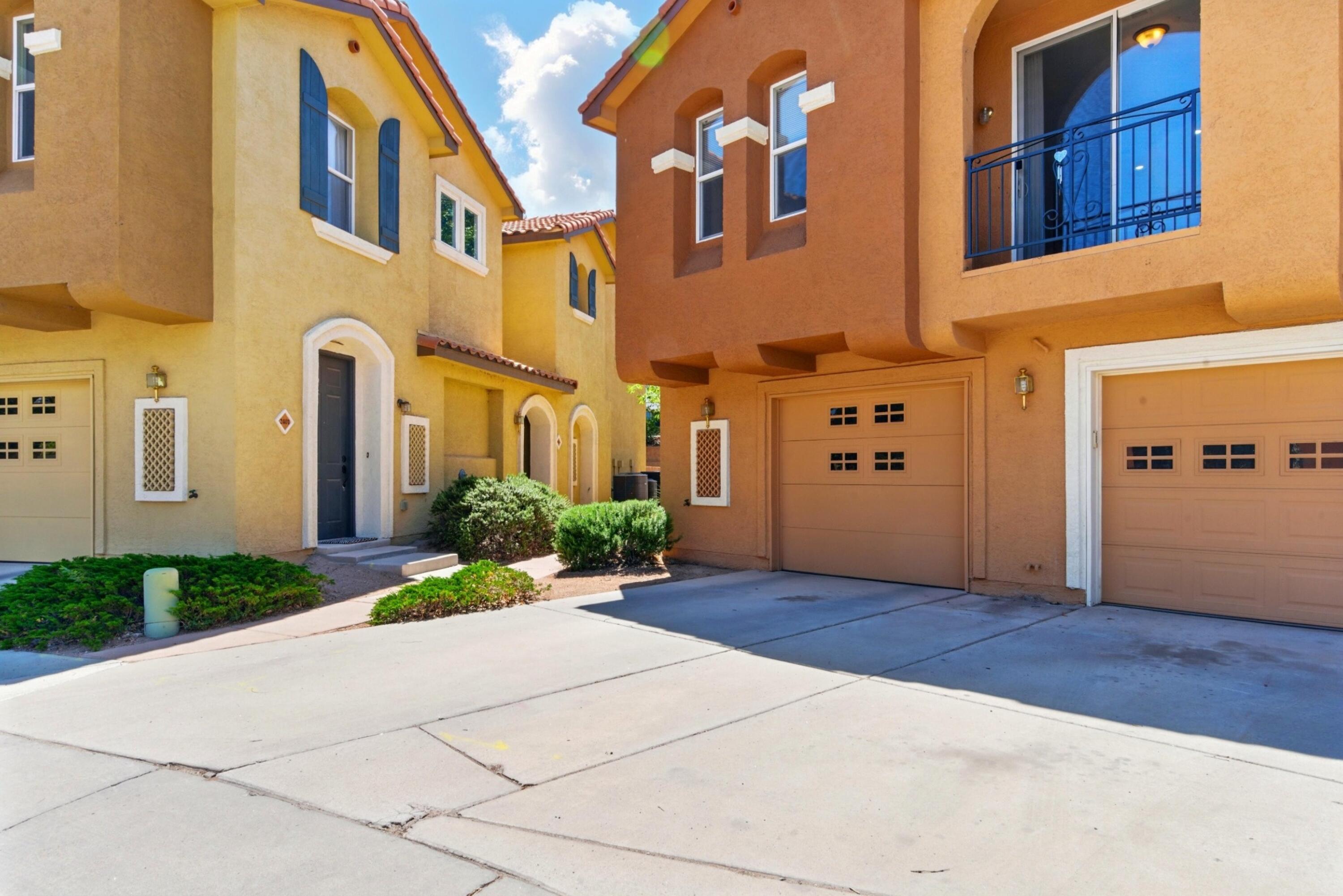 A stylish & well-maintained 2-bed, 2-bath condo with 1-car garage, perfectly located in a gated community near downtown Albuquerque, Old Town, and easy freeway access. This upper-level unit offers a bright, open floor plan with high ceilings, neutral tones, and plenty of natural light throughout. The spacious living area flows seamlessly into the dining space and kitchen, complete with all appliances, ample cabinetry, and a breakfast bar. The primary suite features a private en-suite bath and walk-in closet.  Enjoy your morning coffee or evening breeze on the private balcony. Community amenities include a clubhouse, pool, and beautifully landscaped grounds. Whether you're a first-time buyer, investor, or looking to downsize, this low-maintenance home is a perfect fit.