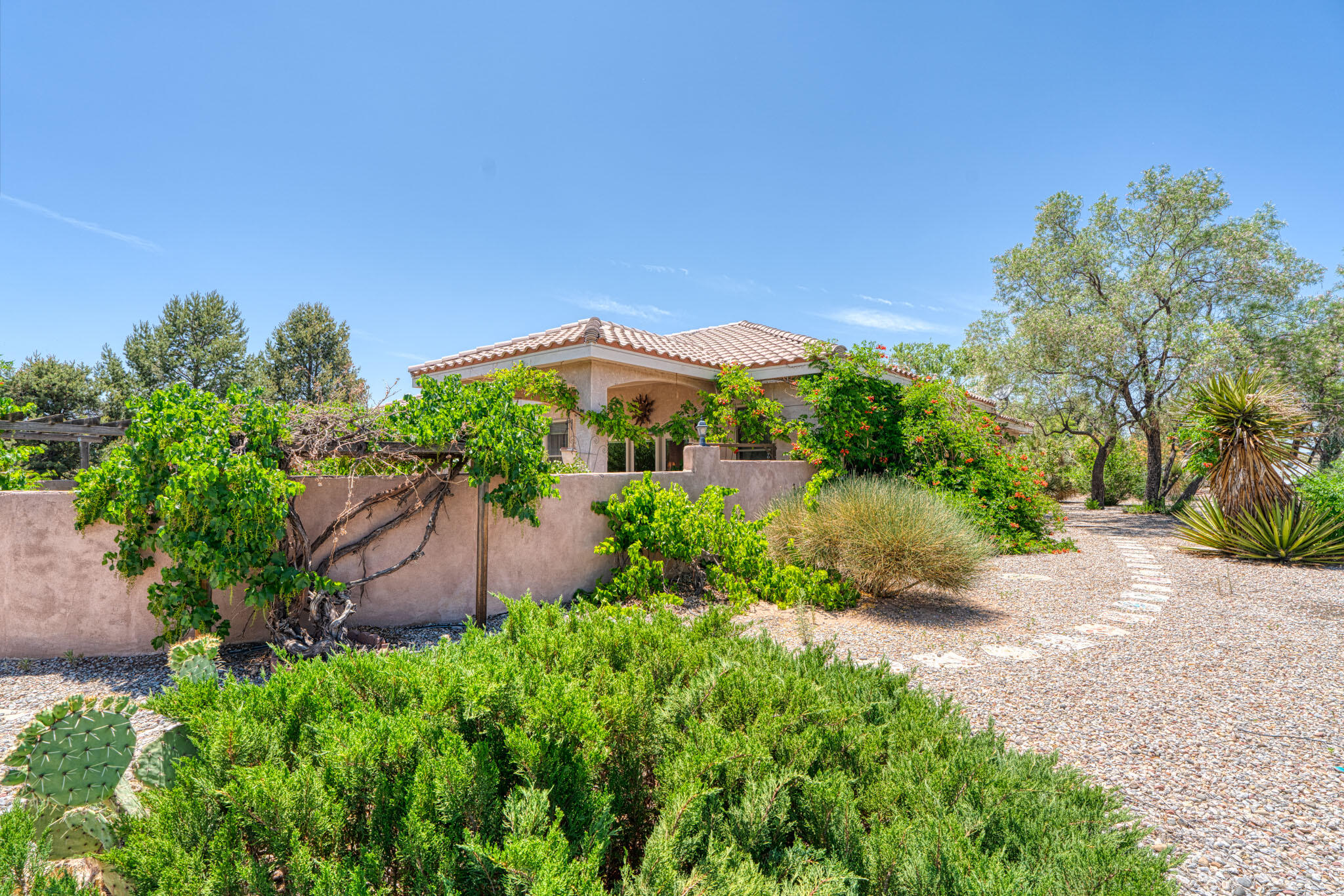 A Taste of Tuscany in the heart of Corrales with Beautiful Mountain views. One level, Radiant Infloor Heated Chimney Stacked Travertine Stone floors throughout! Gourmet Kitchen features granite counters, island, pantry, bkfst nook with Huge Great Room nearby. Private Wing Spacious Owner's Suite with sitting room, Walk in California Closet, Spa Bath, Separate jetted tub and shower, double sinks, water closet. Triple Glass French doors to large Mountain view laden covered patio in a verdant walled backyard. 2 Secondary bedrooms and full bath wing.  Corrales is Horse Capital and Safest City in New Mexico; In Town Country. Miles of trails, paths nearby. Eclectic shops, brews, restaurants. 39 min to Sunport Int'l Airport. 10 min to Cottonwood Mall area