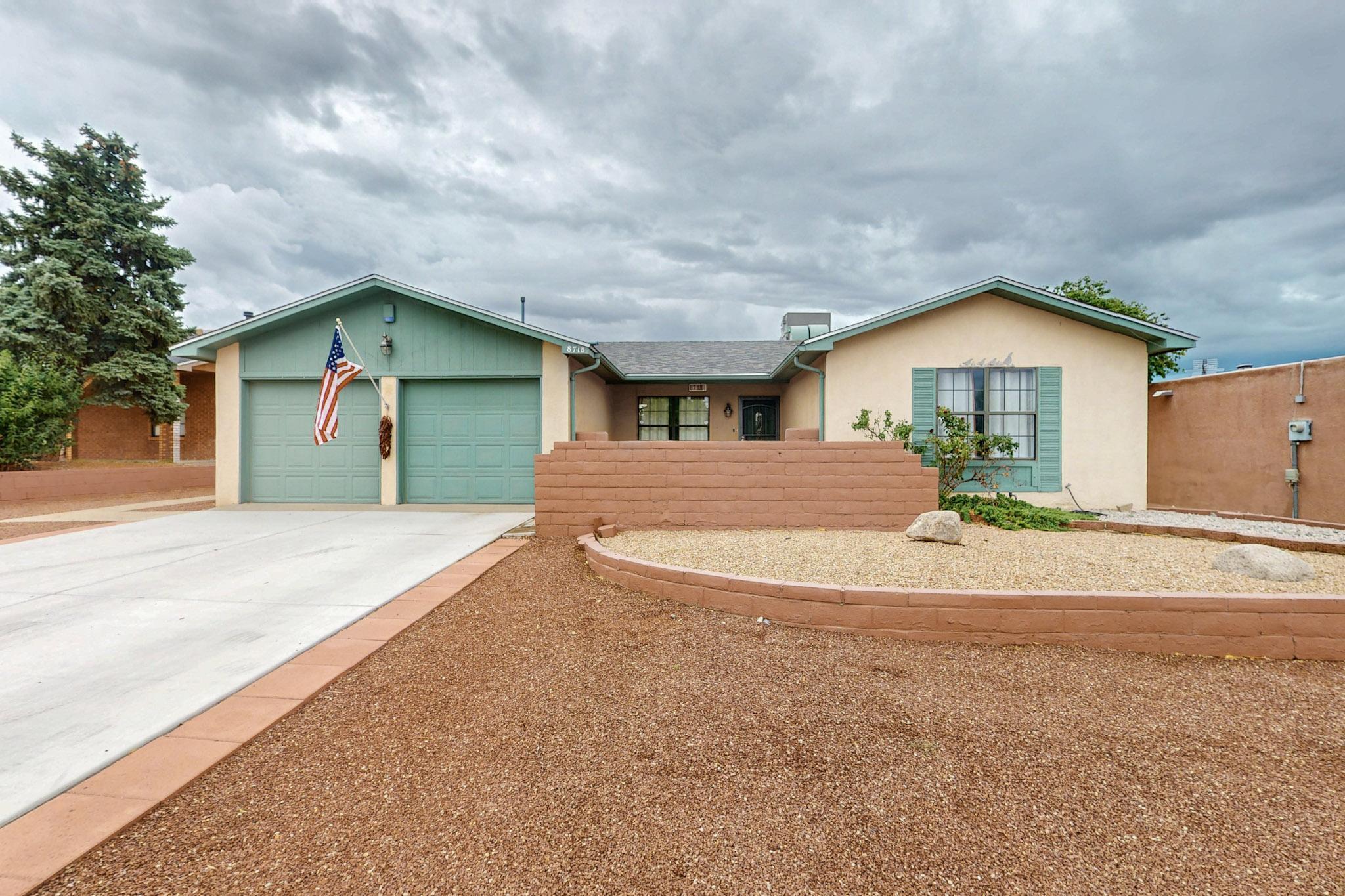 Conveniently located home with updates! Don't miss out on this 3 bedroom, 3 bathroom, single story home with refrigerated A/C. Relax on the large front courtyard with beautiful mountain views! Updated kitchen has granite counters, updated cabinets, stainless steel appliances and lots of light! Living room has a wood burning fireplace with gas lighter, built-in shelves with access to the low maintenance backyard which includes a fountain, Tuff Shed & arroyo behind. Primary suite has new carpet, lots of closet space, built in vanity, fully updated bathroom & an extra space/room with multiple possibilities. Front bedroom has walk-in closet & updated en suite bath. Hall bath is also updated! Tons of storage throughout. Refrigerator, washer & dryer stay!
