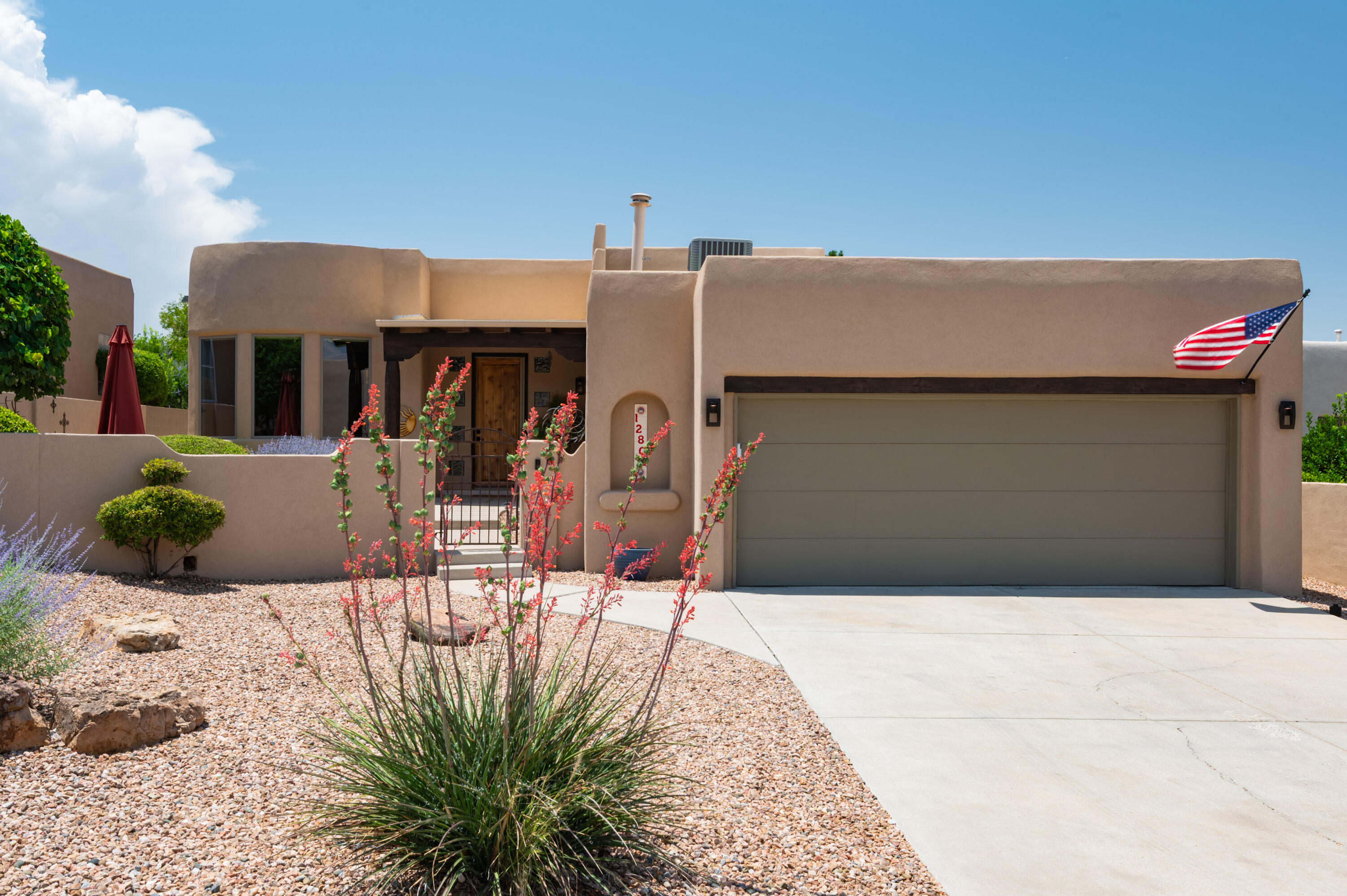 Fabulous Scott Patrick  single story home in sought after  High Desert. Open floor plan with many upgrades, stucco, paint, heating and cooling, roof,H2o. An inviting 550 sf covered patio with lush landscape  for summer evenings of relaxing and entertaining with TV included .Beautiful kitchen with, granite counters and lots of cherry cabinets complimented with travertine flooring , SS appliances .Open dining room, built in entertainment ,all tv's convey and cozy gas log FP for cozy cool nights, large master suite ,jacuzzi tub ,double vanities, walk in closet with built in cabentrey . Amazing mountain views from the courtyard. The amazing oversized 2 1/2 garage completes this home .