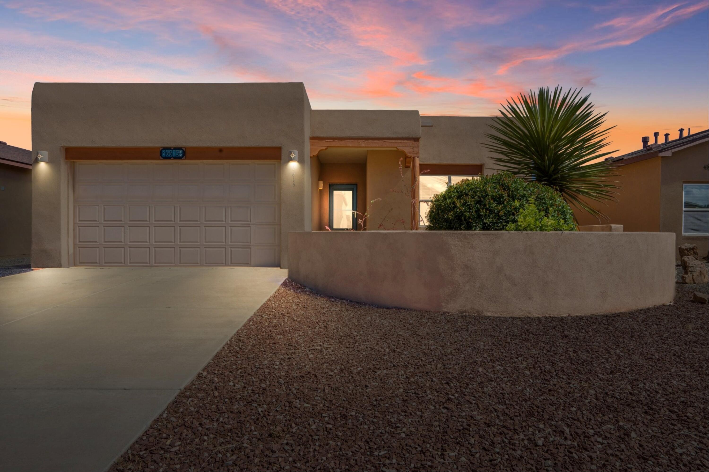 Step into timeless elegance with this beautifully maintained 3-bedroom, 2-bath, 1,884-square-foot home showcasing rich Southwestern charm and thoughtful upgrades throughout. Enjoy the warmth of laminate wood flooring that flows through the living spaces and kitchen, where stainless steel appliances and granite countertops elevate both style and functionality.Unwind beside the cozy gas log fireplace in the living room, or retreat to the private sanctuary of the primary suite featuring a two-way fireplace for added ambiance. The built-in speaker system and programmable lighting offer both convenience and entertainment.Step outside to a spacious backyard oasis complete with a large covered porch, mountain views, and zero-maintenance landscaping. Ready for your personal touch, the