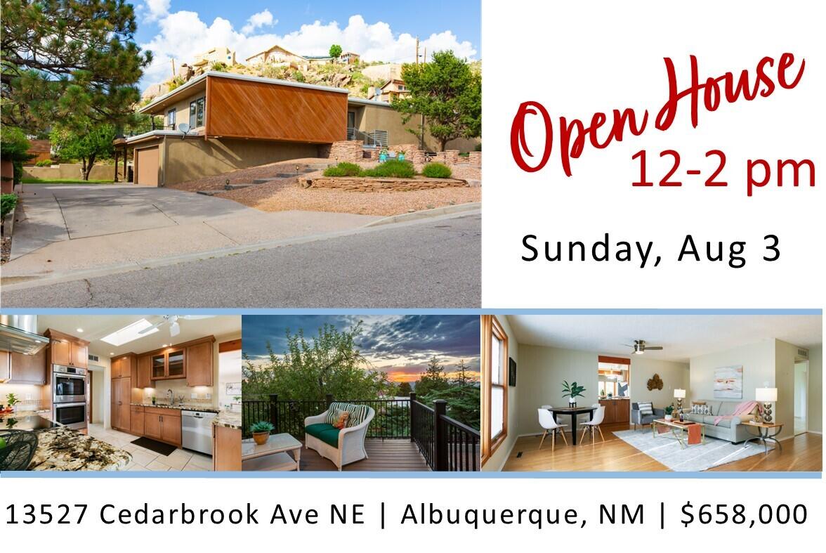 One owner custom Mid Century beauty in Glenwood Hills.  Perched high on Upper Cedar Canyon enjoy sunset views from living room and decks.  Beautifully updated kitchen with granite counters with waterfall edge, custom cabinets with pull outs, stainless appliances and is open to living room and formal dining room with fireplace and access to view deck and shady east deck.   Generous primary suite with sitting area, fireplace , 2 closets (1 a large walk-in) and luxurious bath with sep shower, soaking tub and double sinks.  2nd bedroom includes 3/4 handicap accessible bath. Bonus Lower level includes huge storage area/workshop /workout room with driveway access.  Thermal windows. Refrigerated Air. Alternate access point along east sidewalk allows for a single story experience.