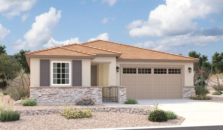 The ranch-style Augusta floor plan boasts ample space for entertaining, including an expansive great room, a dining area and a kitchen with a center island and built-in pantry. Other notable features include a large primary suite with an attached bath and roomy walk-in closet, two guest bedrooms that share a bath, and a laundry with sink and cabinet options. This plan includes a study, extended covered patio, and corner meet doors!