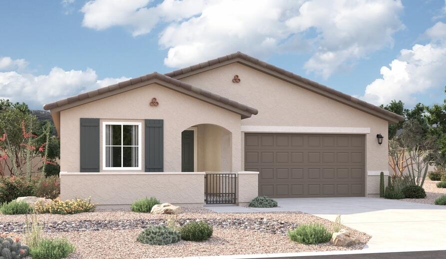 The ranch-style Augusta floor plan boasts ample space for entertaining, including an expansive great room, a dining area and a kitchen with a center island and built-in pantry. Other notable features include a large primary suite with an attached bath and roomy walk-in closet, two guest bedrooms that share a bath, and a laundry with sink and cabinet options. This plan includes a study, gourmet kitchen and gas stub at the patio!