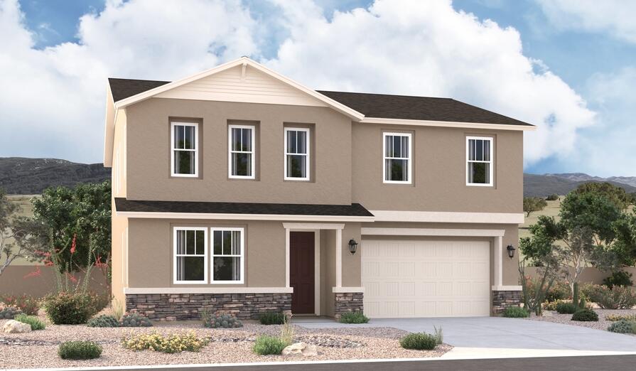 An inviting covered entry welcomes guests to the inspired Tourmaline plan. The main floor showcases an open layout with a bedroom, a bathroom, a great room, a dining area, and a well-appointed kitchen featuring a large island and center-meet doors leading onto a covered patio. An impressive second-floor primary suite boasts an expansive walk-in closet and a private bath. This level also offers a loft, a laundry, a shared bath, and two additional bedrooms. Designer-curated fixtures and finishes round out this plan