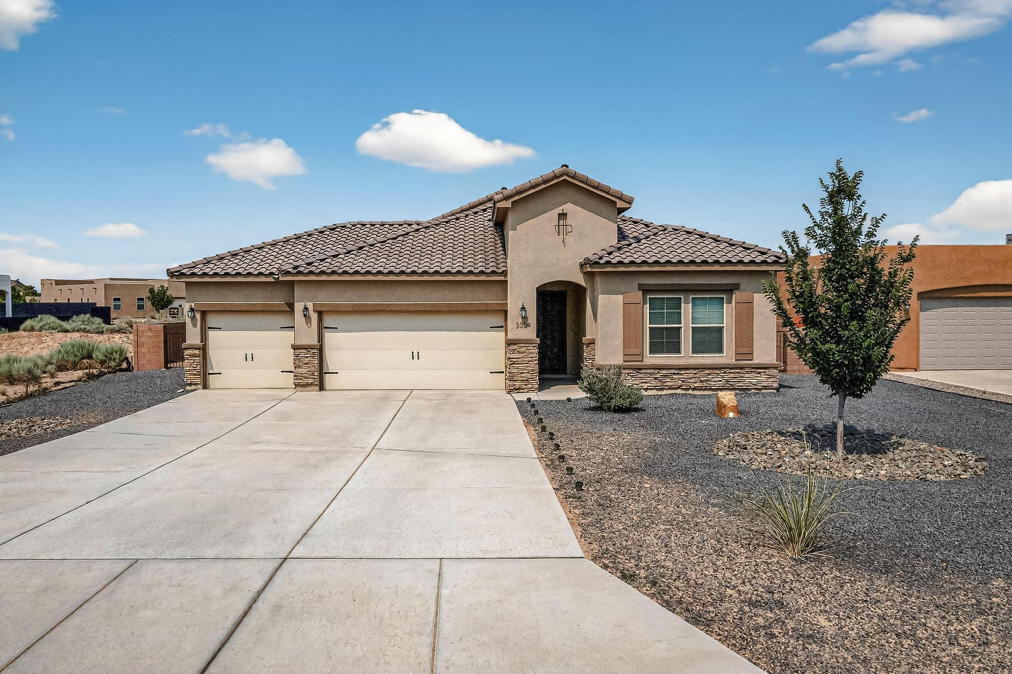 Step into this nearly new Hakes Brothers home with a spacious 1/2 acre lot in the highly sought after Vista Entrada neighborhood.  This exquisite property features 3BR, 3BA and a versatile flex room that can be tailored to your needs. Create culinary delights the chef's kitchen complete with walk-in pantry, wall mounted oven & microwave, built-in gas top & pot filler faucet plus sleek hood vent.  Unwind in the elegant master suite in the spa like bathroom with private shower, soaking tub, and huge walk-in closet.  The 3car garage has ample room for vehicles & extra storage. Your privately walled back yard offers potential for a casita or outdoor oasis for taking in the breathtaking Sandia views and sunsets. This home truly has everything you need and more!