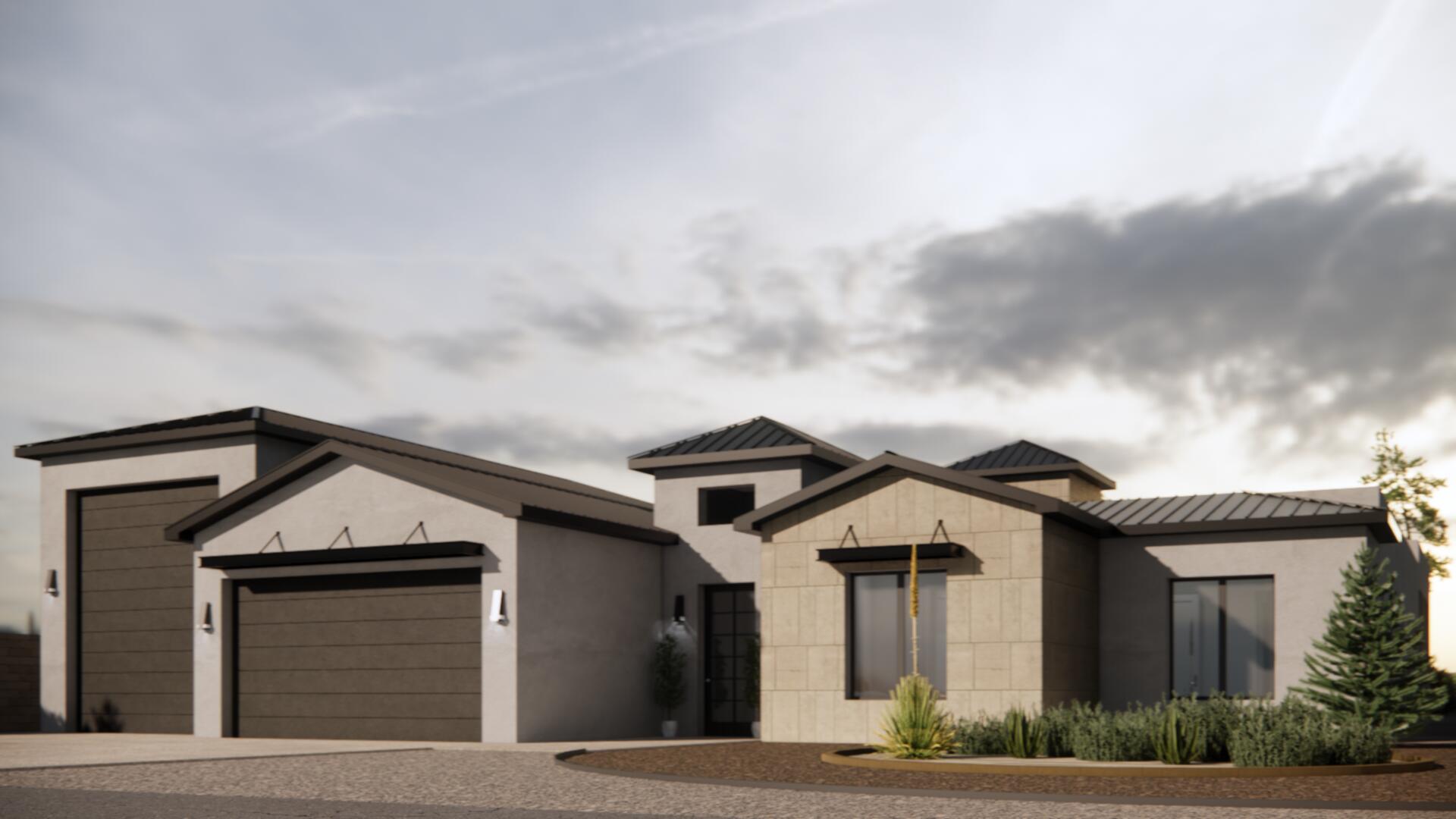 Courtyard with gate house entrance. Contemporary meets classic with Los Ranchos luxury build. Only 5 sites available--get 1st pick now! Enter thru gate house to sun-lit courtyard. Casita suite boasts private entry w/ ensuite & walk-in closet. 3 generously proportioned spare rooms w/ walk-in closets & ensuite baths. Primary suite is a private retreat complete w/ hidden safe room, boutique closet, spa ensuite w/ walk-in shower, soaking tub, & dual vanities. Floor to ceiling windows capture panoramic views. 3-car garage. Gourmet kitchen w/ waterfall island, wet bar, electric fireplace, custom lighting, & covered porch w/outdoor kitchen are just a few of the luxury amenities waiting for you in this 4,316 sq. ft. dream home!