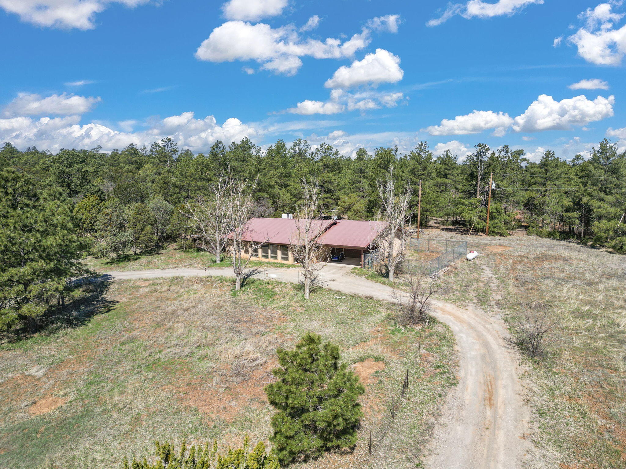 Nestled amongst the Ponderosa Pines, adjacent to the National Forest w/ thousands of acres to explore, this single story mountain sanctuary offers the perfect blend of tranquility & accessibility. Less than 10 miles from I-40, making for an easy commute to ABQ. Benefit from the convenience of being on the Tranquillo Pines water system. Revel in the fresh mountain air & starry nights. Cozy up by the wood stove on those cold, winter nights. Cathedral ceiling adorned w/ rustic wood beams met w/ an abundance of natural light. The 155 sq.ft sunroom serves as a cozy solar passive heat source. A spacious 500 sq.ft oversized 2-car garage & a 400 sq.ft 2-car carport. Home is wired for back-up generator (portable generator conveys with sale). Newer propane tank.