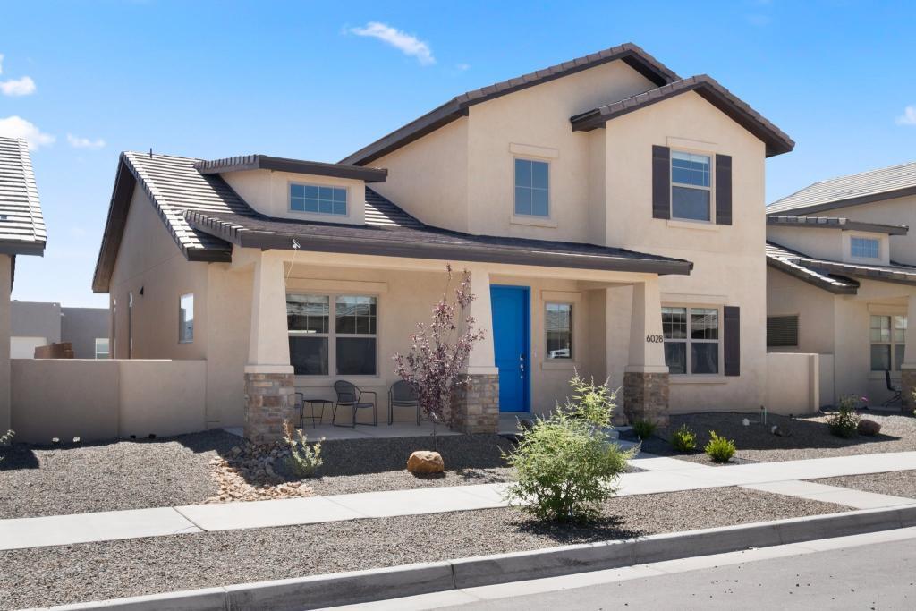 Beautiful Mesa Del Sol! Stout model w/ casita! Gourmet kit incl blt-in oven & microwave, 5 burner cooktop, glass inserts in 42' uppers & glass tile backsplash. SS appl. Granite counters. Instant hot H2O! Liv rm slider to covered patio & grill area, lawn & garden on auto-irr. Acacia hdwd in 3rd bdrm/office & 2nd fl loft. Lg loft opens to deck. Sec cameras. Alley load 3 car gar is finished & insulated w/epoxy floors, H2O softener, o/h storage. INCOME EARNING POTENTIAL Casita w/full kit & bath, glass tile backsplash, pvt balcony w/views of Sandias & foothills, w/d hookup, pvt entrance, yet connected to main home via shared 2nd deck. Great home office or guest ste. Common pool, parks & open spaces. Walk to Market, Cafe, Gym. Washer/dryer & frig stay. So much more! Fabulous home & community!