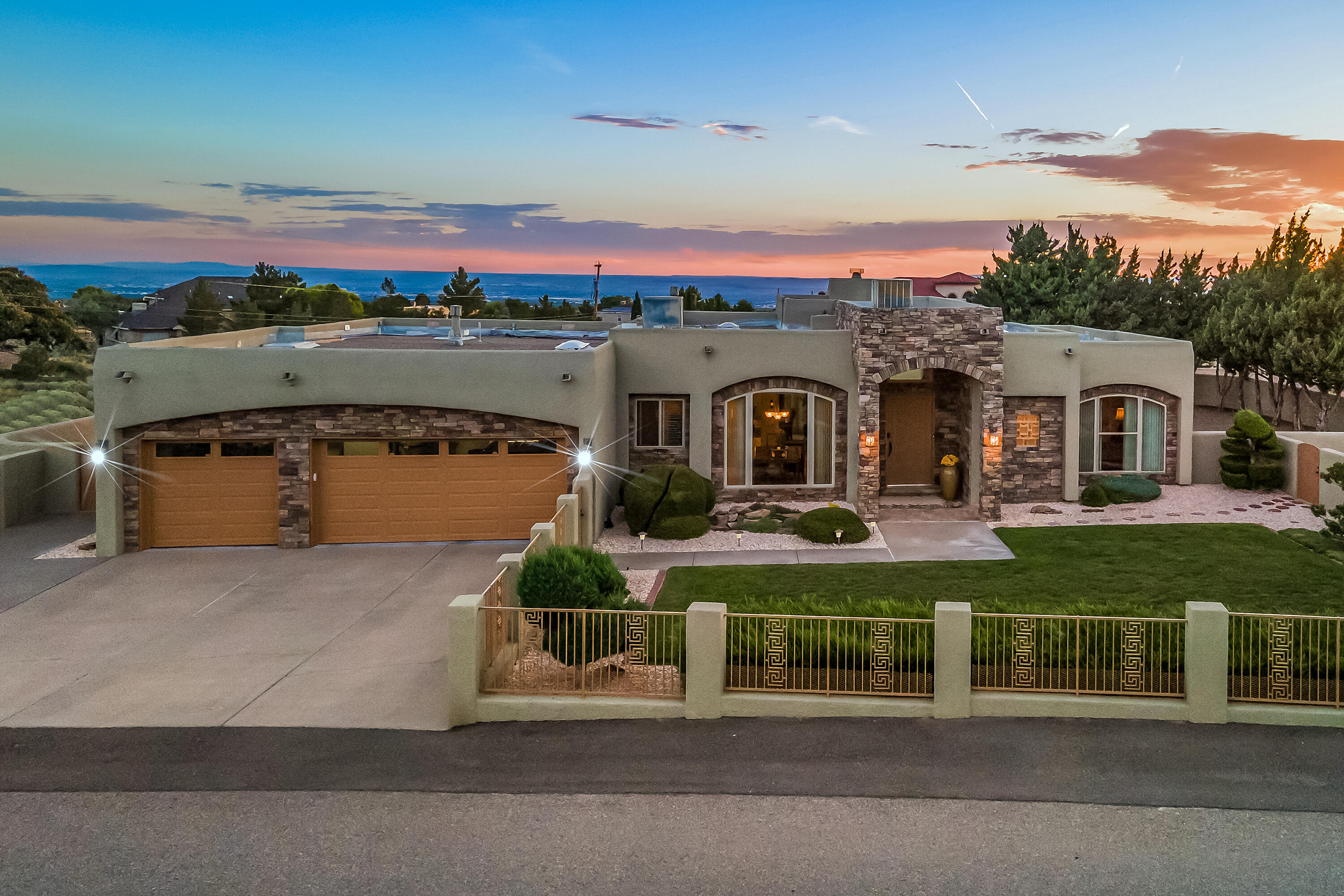 Immaculate NAA single-story home with breathtaking Sandia Mountain views, situated on a spacious .70 acre flat corner lot with full backyard access and no HOA restrictions--perfect for your toys, trailers, or RV. This unique custom 3-bedroom, 2-bath home combines elegance and comfort. The expansive kitchen, the heart of the home, features stunning custom cabinets. Enjoy formal dining with scenic views and a large living area with a fireplace. The generous primary suite includes a bonus room, two walk-in closets with CA Closet organizers, and a luxurious bath with raised vanities, a separate tub, and a shower. The meticulously clean, oversized 3-car garage offers ample space. Both front and back yards are impeccably maintained. Conveniently located near hiking trails and Tramway.