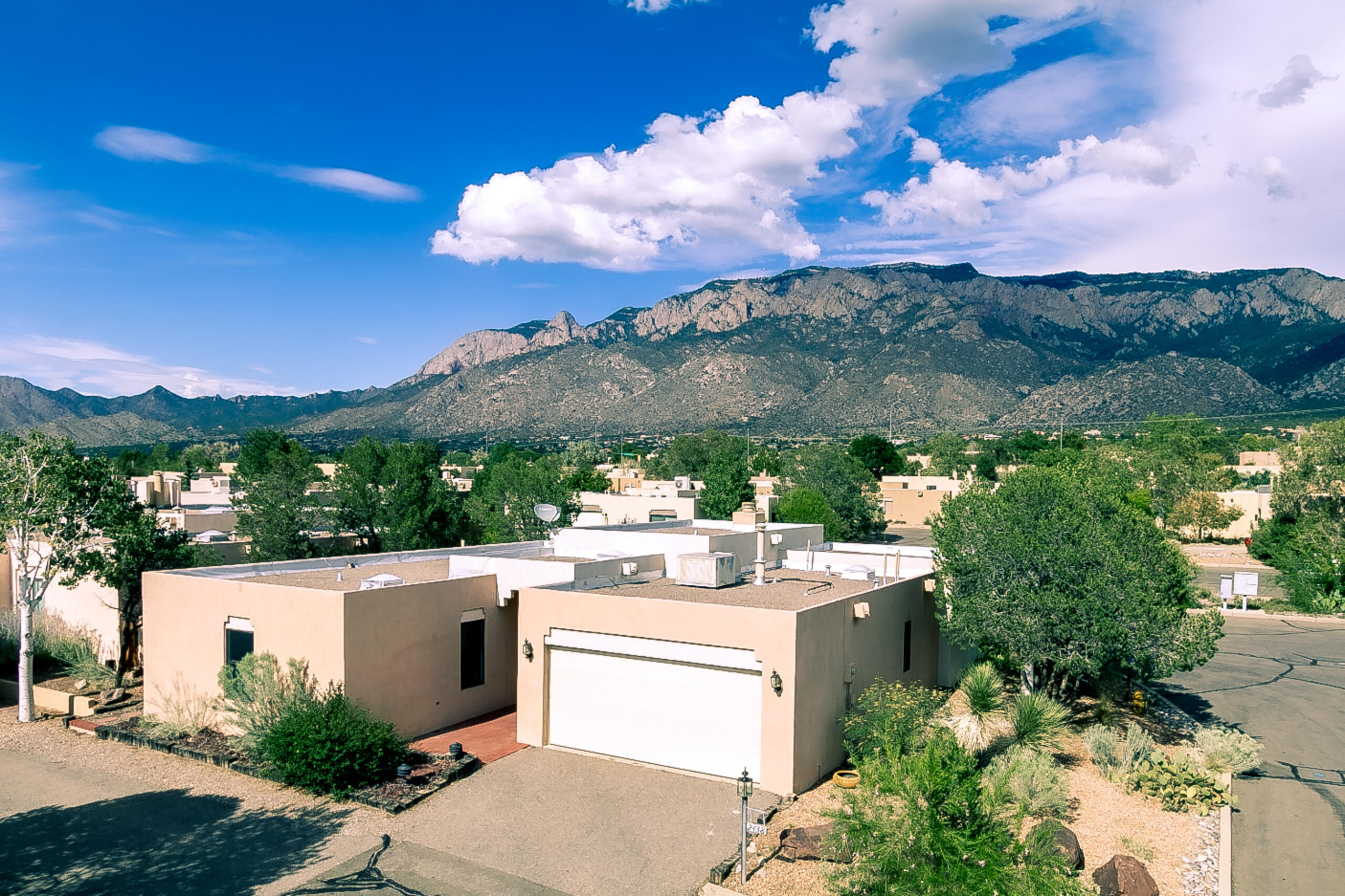 Fabulous Roger Smith home located in Sandia Heights on a corner lot with Mountain Views from multiple living spaces!  Large living area w/ soaring 11' T&G wood ceilings, new LVP flooring & wood burning fireplace. Updated kitchen features granite counter tops w/recessed SS sink, custom granite backsplash, new LG stainless steel appliances, large breakfast bar & recessed lighting.  Spacious owners suite w/mountain views  incls french doors to back patio, separate tub & shower, dbl sinks & walk-in closet. Split floor plan allows for secondary bedrooms plus full bathroom opposite the owners suite. Private backyard w/expanded brick paver patio w/mountain views & low maintenance landscaping. Recent professional 2 tone interior paint through out. Zoned in-floor radiant heat. No carpet!